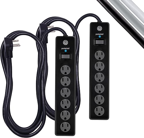 GE - Paquete de 2protectores de sobretensión de 6tomas, extensión de 10pies, 600julios, enchufe plano, tapas de seguridad de cierre por torsión, luz