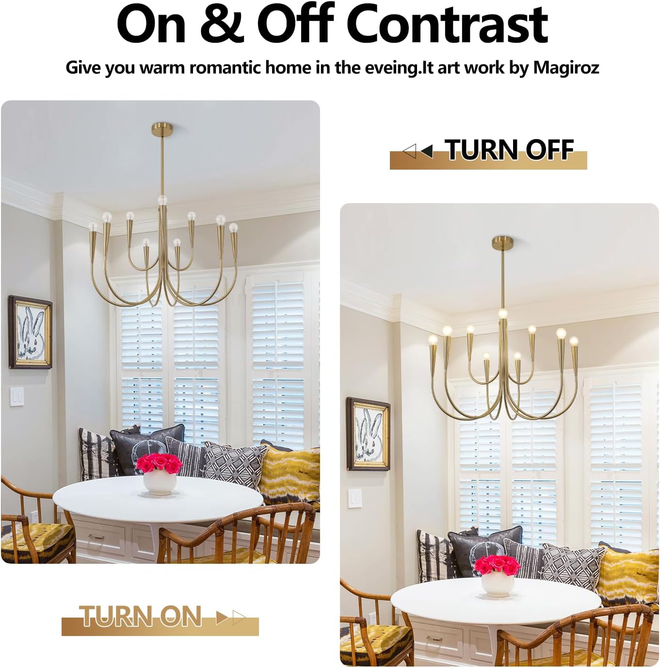9 Light Modern Farmhouse Gold Candle Chandelier Light Fixtures Large Vintage Brass Metal Candle Pendant Lighting Rustic Industrial Candlestick Chandelier Hanging Dining Room Light MPL26-9 GD