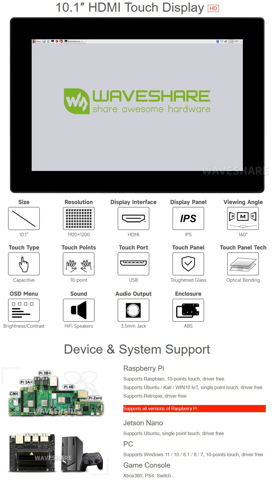 Waveshare 10.1inch HD Capacitive Touch Screen LCD (G) with 1920×1200 Resolution HDMI IPS Display, 10-Points Touch Fully Laminated Screen 160°Viewing Angle, Supports Raspberry Pi/Jetson Nano/PC