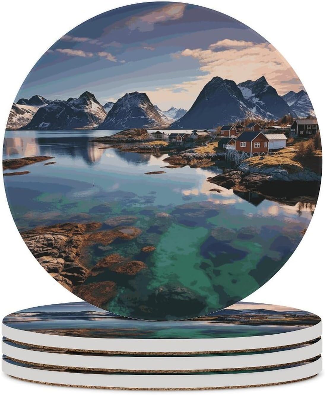 Norway Islands Coasters for Drinks Absorbing Round Ceramic Stone Coaster with Cork Base Coffee Cup Beverage Table Cup Mat Modern Style Bar Coaster Set for Home Decor
