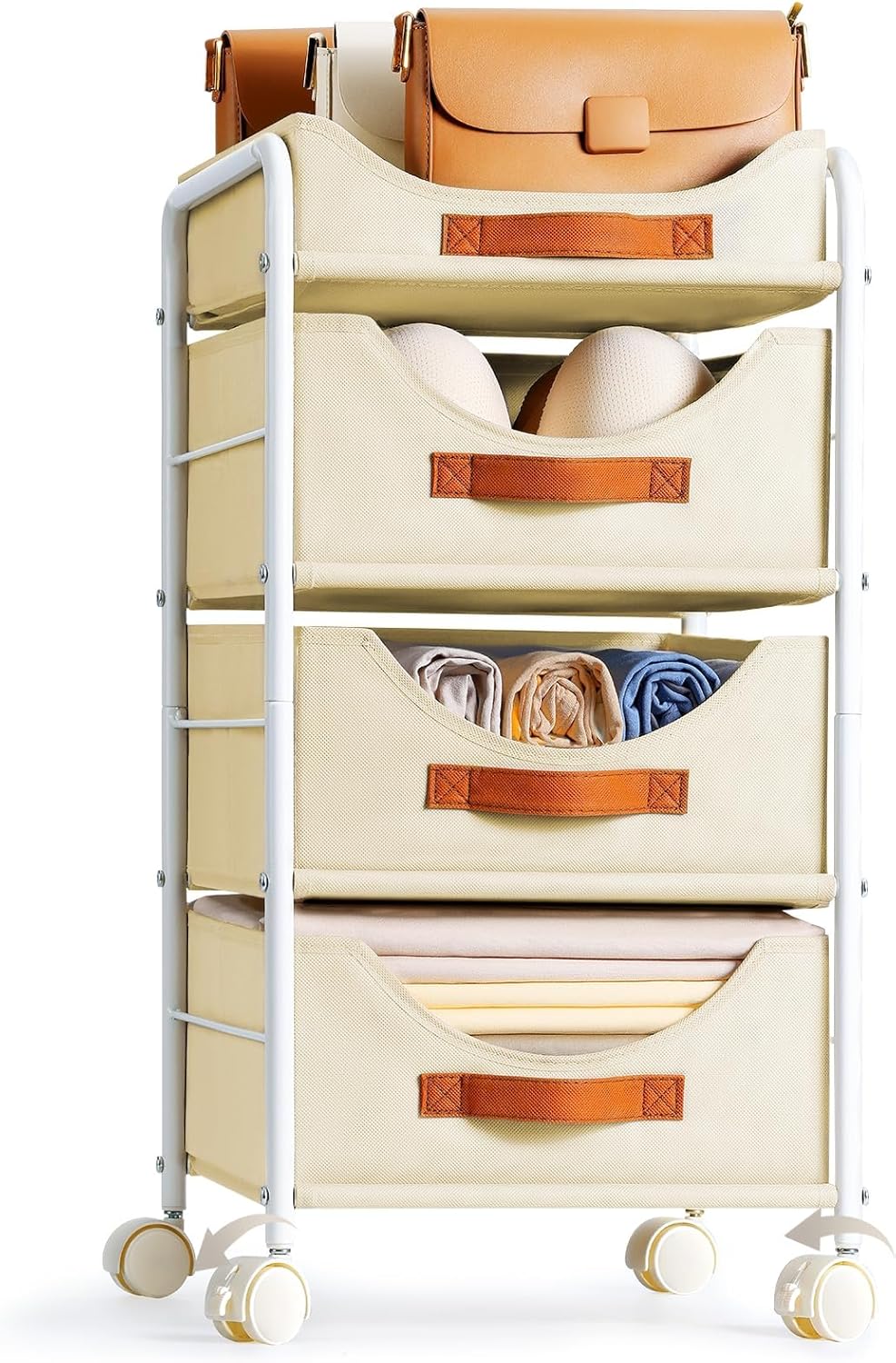 DIMJ Closet Organizers and Storage 4 Tier - Fabric Clothes Drawer Storage Bins, Stackable Rolling Storage Cart with Wheel, Small Dresser for Closet Bedroom Nursery Office - Image 8