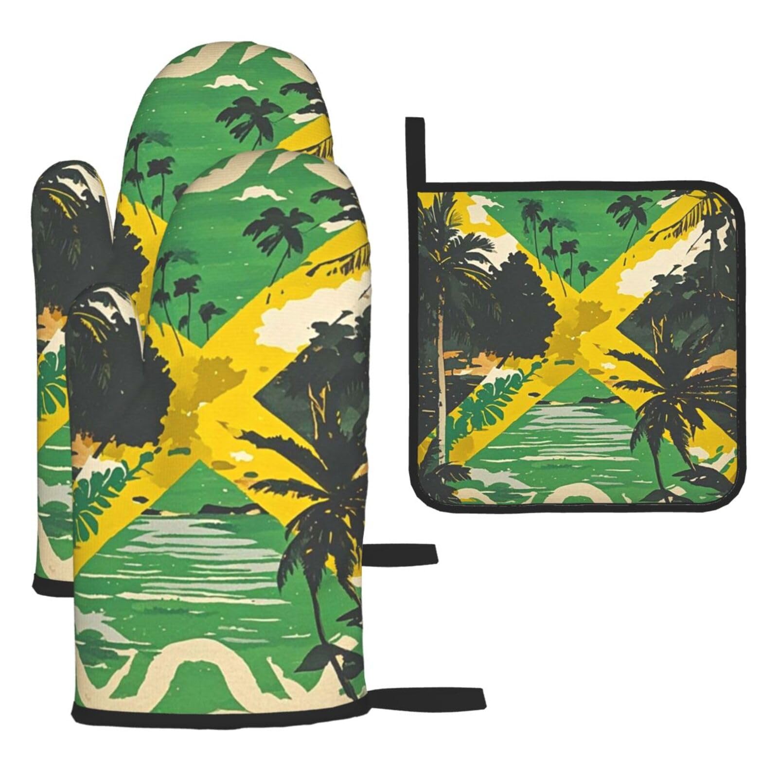 Mxdlkswpoh Vintage Jamaican Flag Oven Mitts And Pot Holders Set Of 3 Heat Resistant Non-Slip Kitchen Gloves Hot Pads Oven Mitts Kitchen Mittens Gloves Non-Slip Potholders For Cooking Baking Grilling Bbq