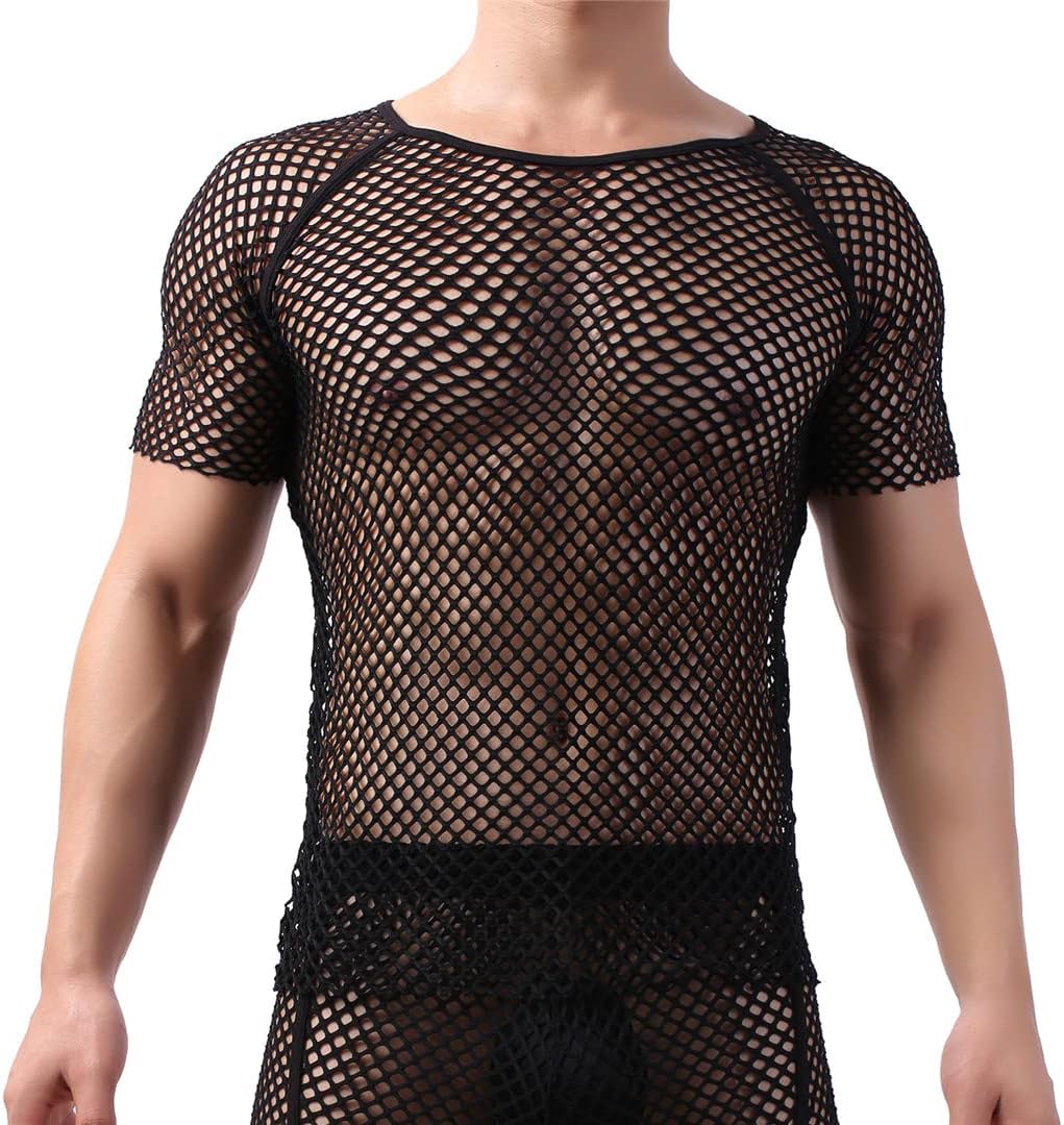 セクシーなメンズ下着透明フィッシュネットメッシュシャツ中空アウトブリーフ皮ひもショーツ肌着パジャマバスローブスキニーパンツ