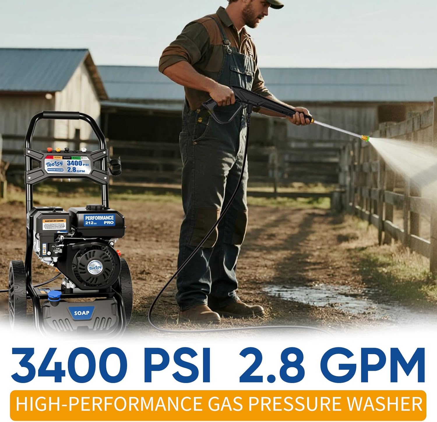 TOOLCY 3400 PSI Gas Pressure Washer, High-Performance 212cc OHV Engine, Reinforced Pump. Onboard Soap Tank, 30FT Hose, Spray Gun & 5 Nozzles, Max 2.8 GPM, Cars Homes Patios Fences Driveways