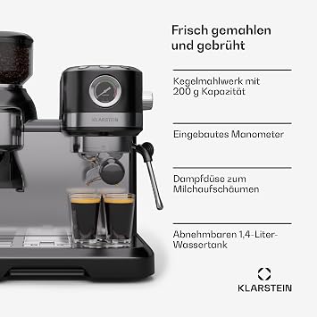 Klarstein Bella Café Portafilter Machine with Grinder - 19 Bar 1550 W 1.4 L Water Tank Integrated Cone Grinder Milk Frother 2 Cup Inserts Thermal Block Black