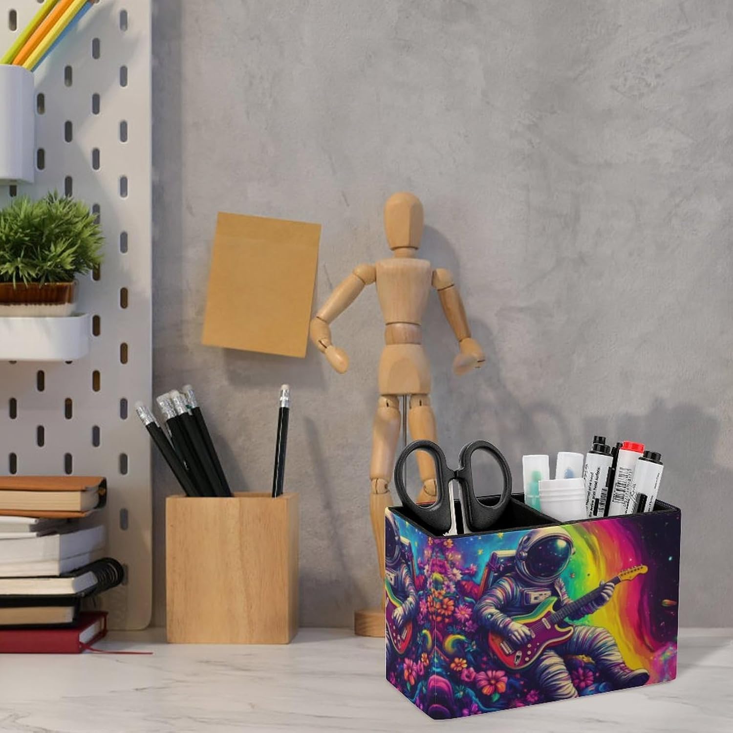 Astronauts Playing Guitar in Spacees Pencil Pen Holder PU Leather Desk Storage Organizer Makeup Brush Box