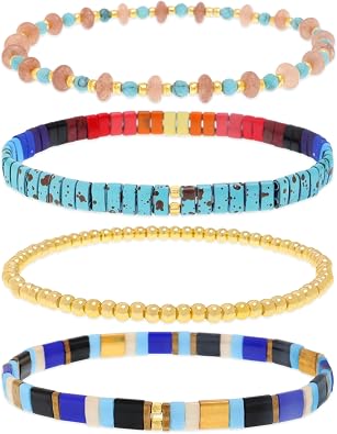 Tila Flat Gold Beaded Bracelets Stretch Set for Women,Handmade Glass Square Beads Stack Bracelet Festive Friendship Accessories Jewelry Gift.