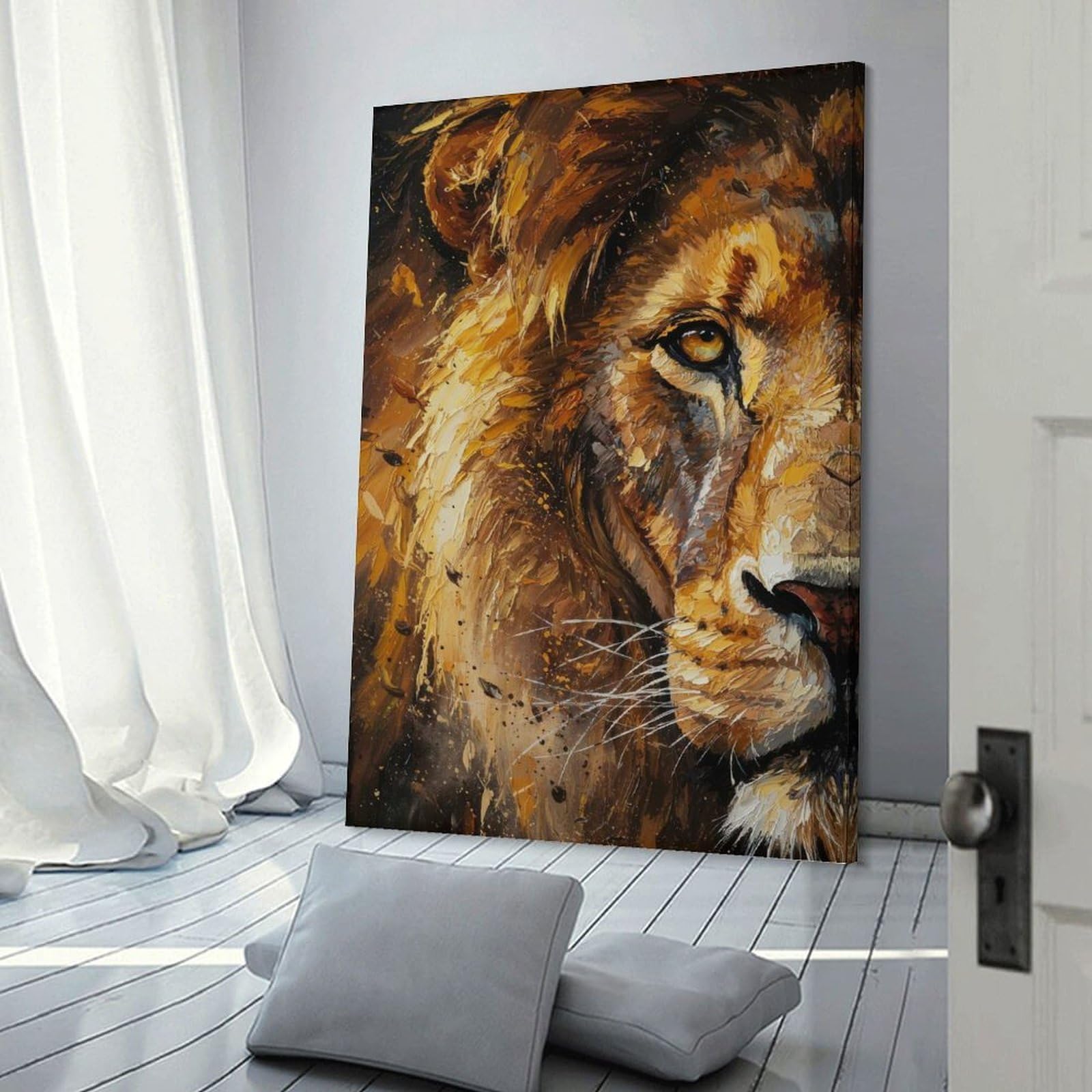 Junmoney Frame-Style-5 Lion Portrait Oil Painting Home Decor Wall Art 24X36inch(60X90cm), For Bedroom, Guest Room Or Reading Nook, Decorative Wall Art For Cosy Rooms