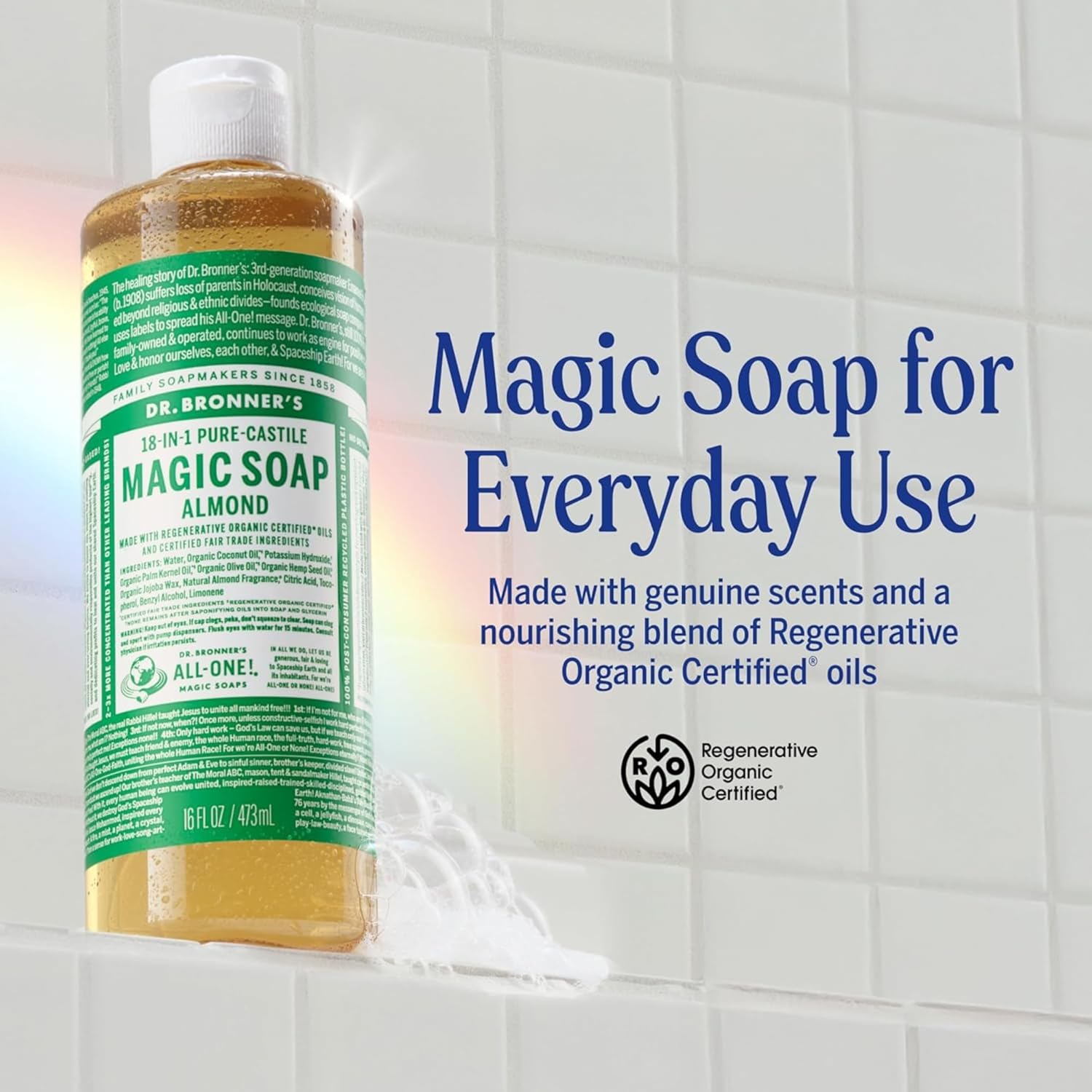 Dr. Bronner's Pure-Castile Magic Soap Liquid (Almond, 32 Ounce) - Made with Regenerative Organic Certified Oils, 18-in-1 Uses: Face, Body, Hair, Laundry, Pets and Dishes, Concentrated, Vegan, Non-GMO