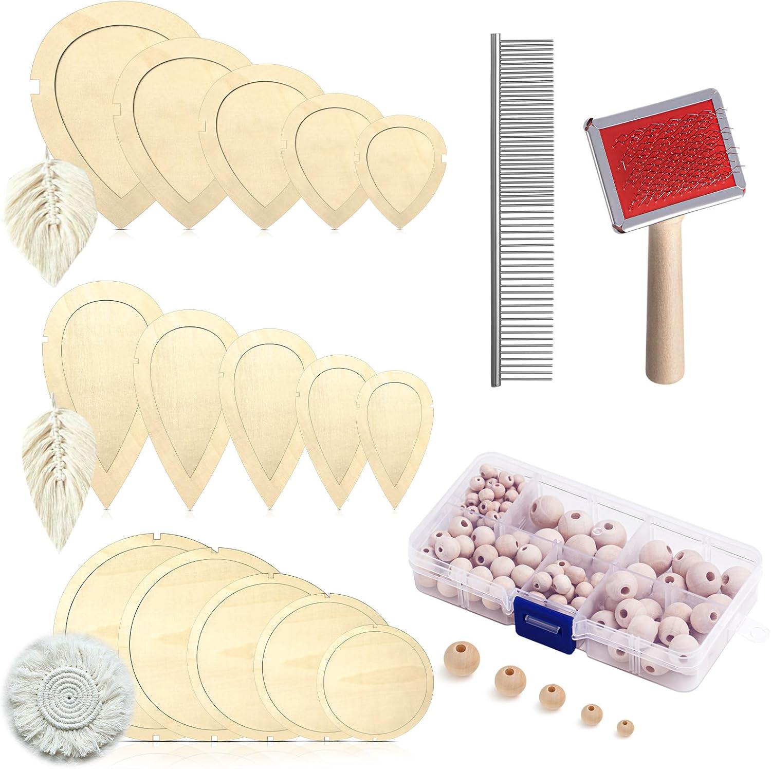Teenyyou 167pcs Macrame Leaf Cutting Molds and Comb Sets Leaf Round Cutting Template Macrame Fringe Stainless Steel Comb Wooden Beads Rubber Band for DIY Crafts Making Feather Tassel