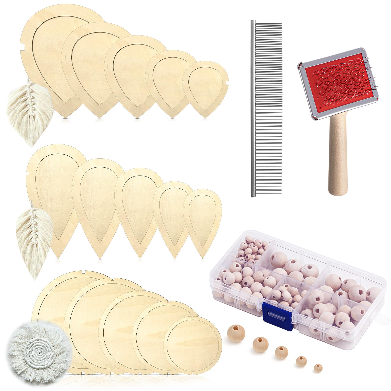 Teenyyou 167pcs Macrame Leaf Cutting Molds and Comb Sets Leaf Round Cutting Template Macrame Fringe Stainless Steel Comb Wooden Beads Rubber Band for DIY Crafts Making Feather Tassel