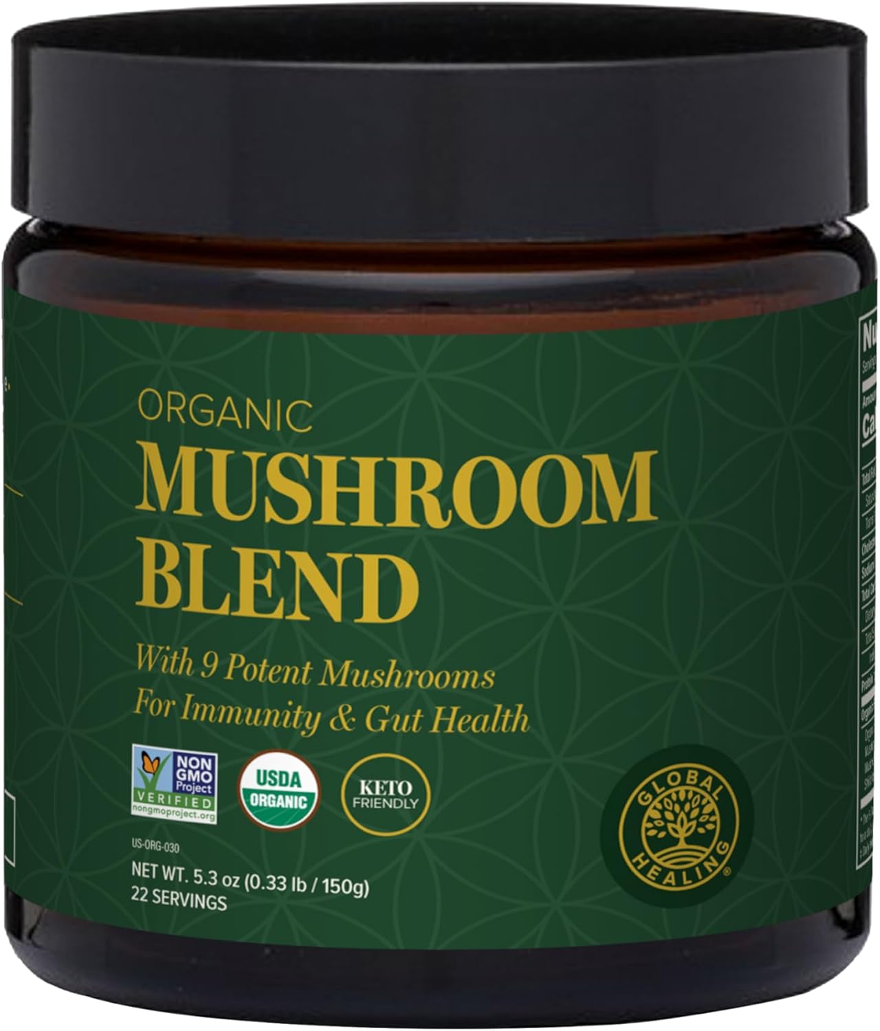 Global Healing Organic Mushroom Powder Supplement Blend 9.5 Ounces – Cordyceps, Chaga, Reishi, Turkey Tail Mushroom for Immune and Gut Health – Nootropic Focus Supplement Superfood