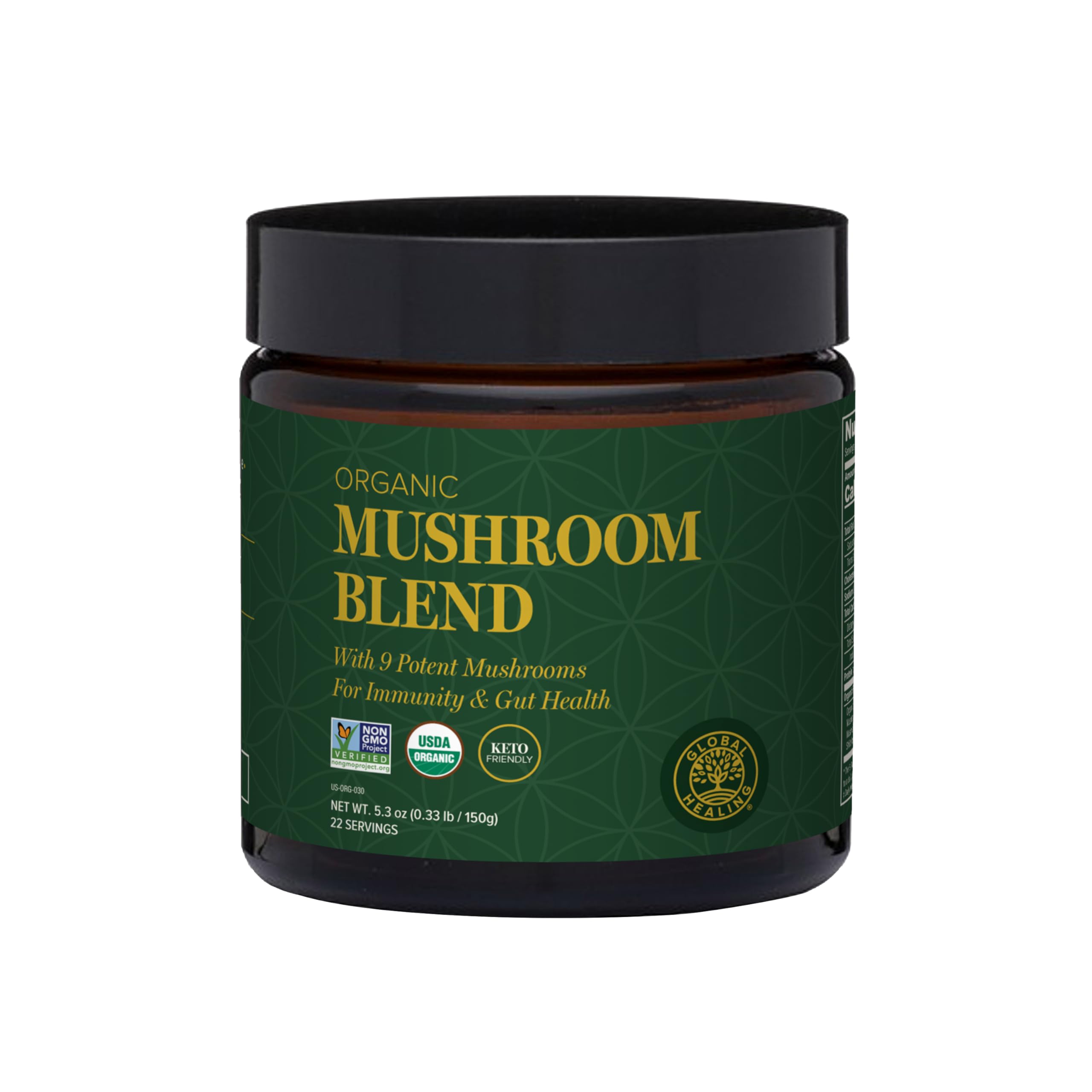 Global Healing Organic Mushroom Powder Supplement Blend 9.5 Ounces - Cordyceps, Chaga, Reishi, Turkey Tail Mushroom for Immune and Gut Health - Nootropic Focus Supplement SuperfoodUSDA Organic