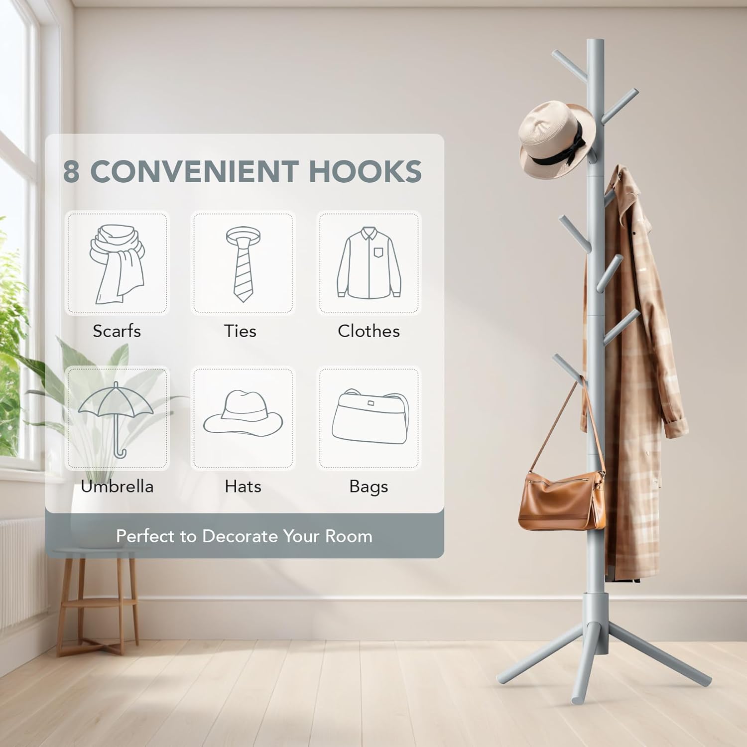 Hupmad Wooden Tree Coat Rack Stand,Sturdy Freestanding Coat Rack with 8 Hooks,3 Adjustable Height for Child Adult,Wood Coat Stand Tree Fits Entryway Bedroom Office for Bags,Hats