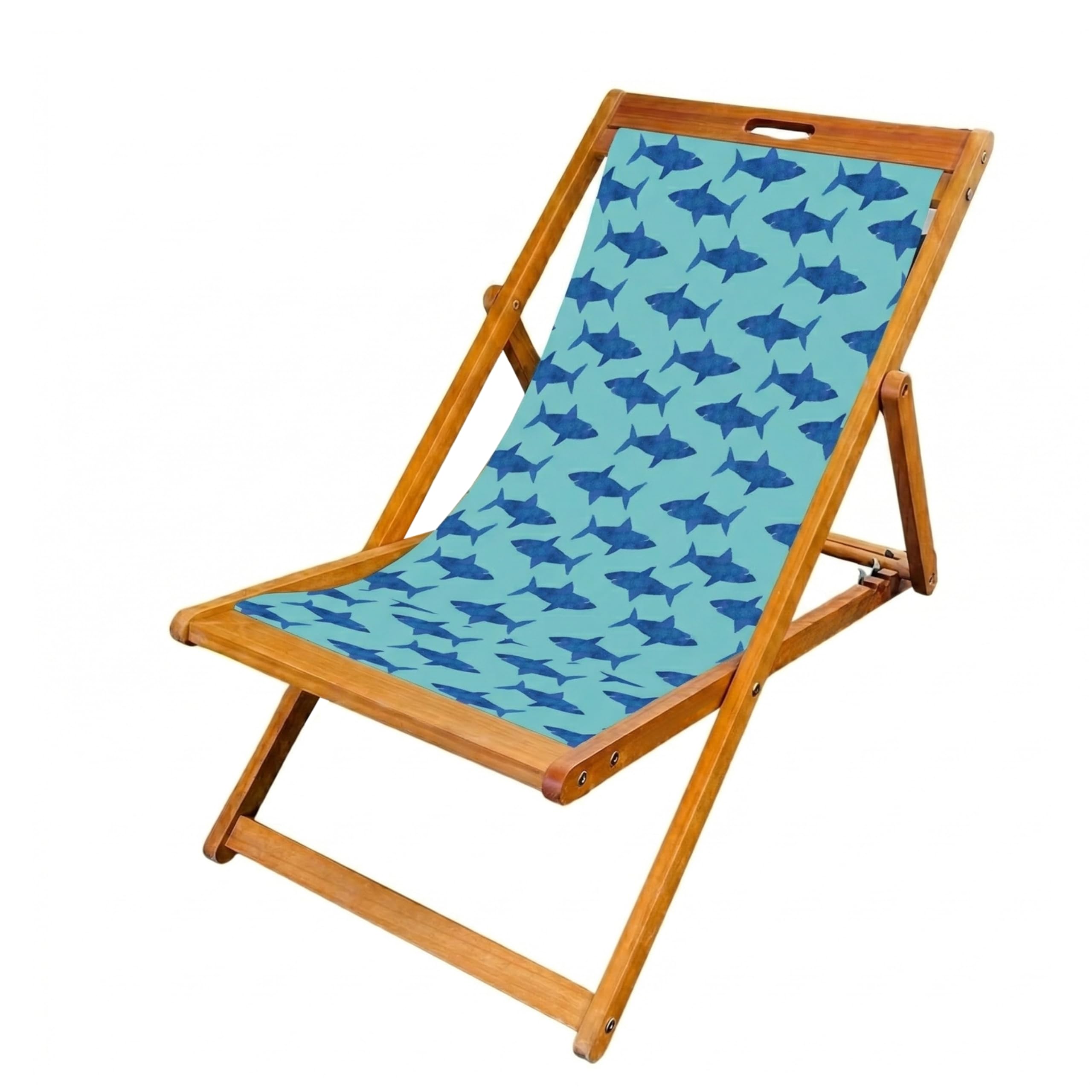 Lister Cartwright Wooden Folding Deck Chair with Fabric Sling – Adjustable Reclining Garden Chair, Beach Chair, Patio Lounger, Outdoor Seating(Shark Attack)