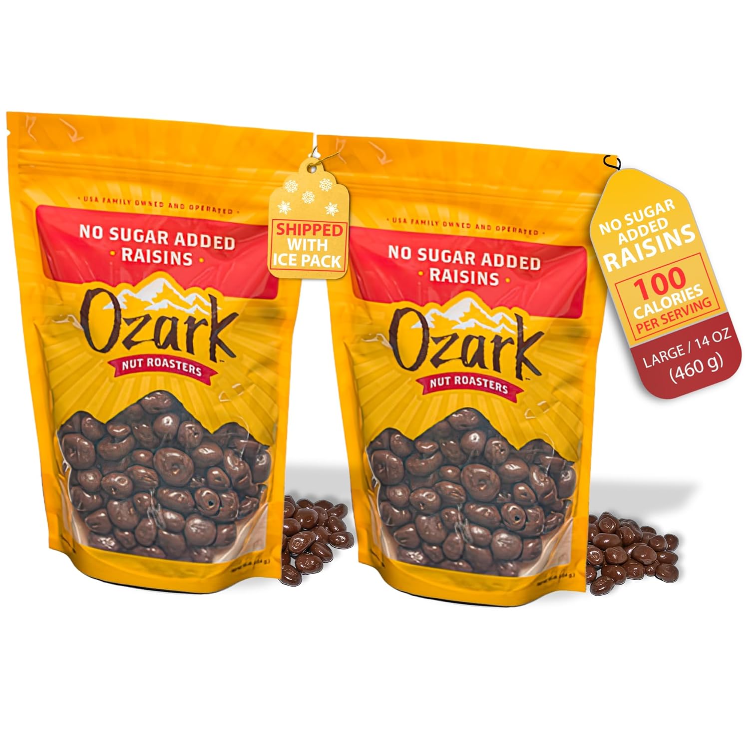 OZARK NUT ROASTERS, No Sugar Added Chocolate Raisins, Gourmet Creamy Milk Chocolate Covered Raisin Snacks, 14 oz, Pack of 2
