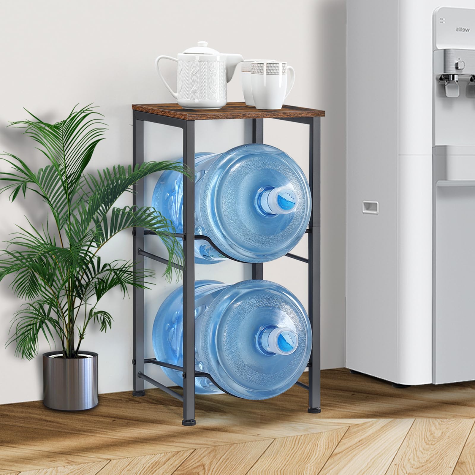 MOOACE Estante para jarra de agua de 5 galones, organizador de 2 niveles para botellas de agua | Soporte dispensador de agua con estantes de almacenamiento para oficina, cocina, sala de estar, marrón rústico