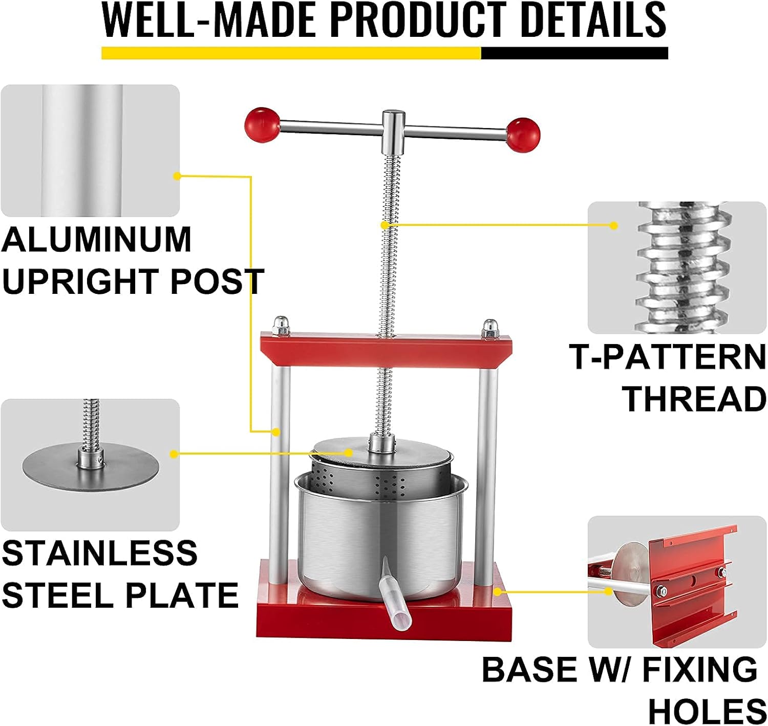Fruit Wine Press 0.53Gal/2L Grape Press for Wine Making Wine Press Machine w/Dual Stainless Steel Barrels Wine Cheese Fruit Vegetable Tincture Press w/T-Shaped Handle & 0.1"/3 mm Thick Plate