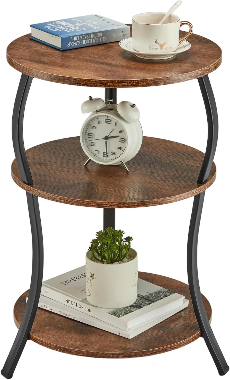 YEAKOO Vintage Round Side Table,3-Tier Waist Bedside Table with Storage Shelf 40x40x61CM End Table Round Sofa Side Table Small Corner Coffee Table Nightstand for Bedroom (Rustic Brown)