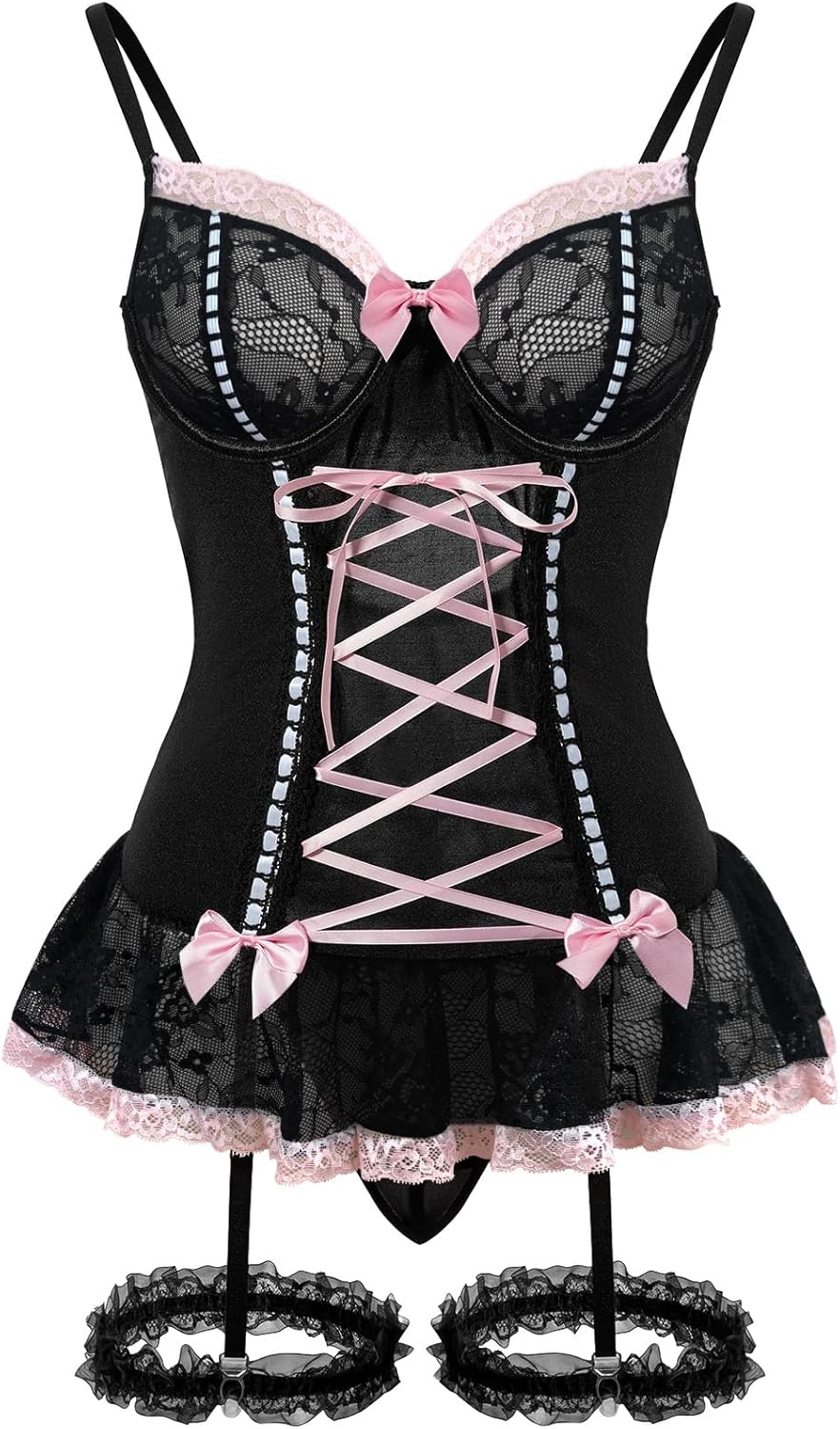 Foxiny Sexy Mesh Corset Ruffle Lace Up Underwire Sheer Garter Belt Babydoll Lingerie Set With Thong 3 Piece Women