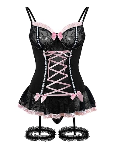 Foxiny Sexy Mesh Corset Ruffle Lace Up Underwire Sheer Garter Belt Babydoll Lingerie Set With Thong 3 Piece Women - Medium - Black 2#