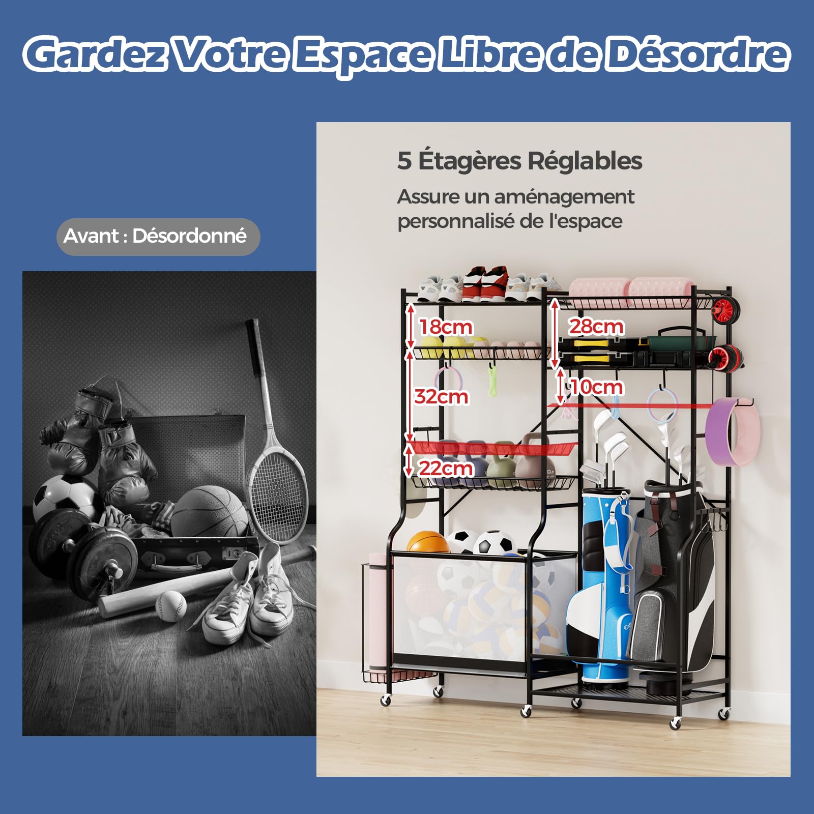 GOPLUS Organizador de Equipo Deportivo con 6 Ruedas, Estante de Almacenamiento de Metal para Pelotas, Mancuernas, Yoga Esterilla, Bolas y Bolsas de Golf, 5 Estantes Ajustables y 13 Ganchos Extraíbles