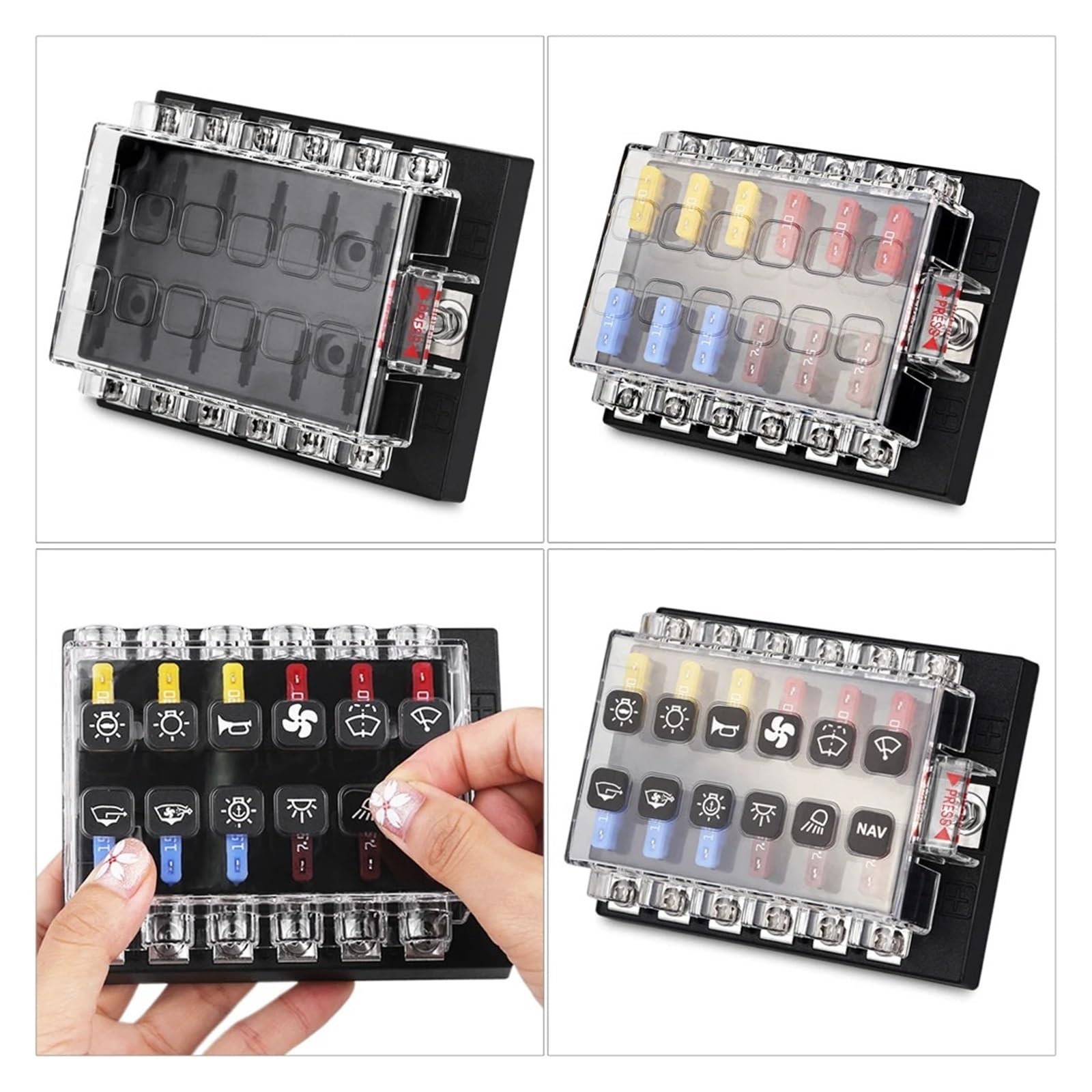 Boîte à fusibles 12 voies 12 V 24 V pour voiture, bateau, bloc de base, support à vis, écrou, bornes sans fusibles, indicateur LED, couvercle étanche (porte-fusible à 4 voies)