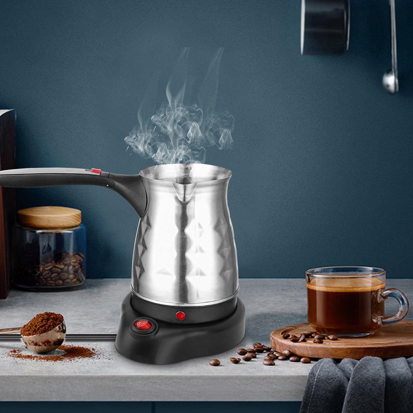 SUNOYA Elektrische Türkische Kaffeemaschine Mit Griff, 500ml Elektrische Kaffeekanne, Elektrische Kaffeemaschine, Türkische Kaffeekanne, Espressokocher Induktion Mit Edelstahl Reisen