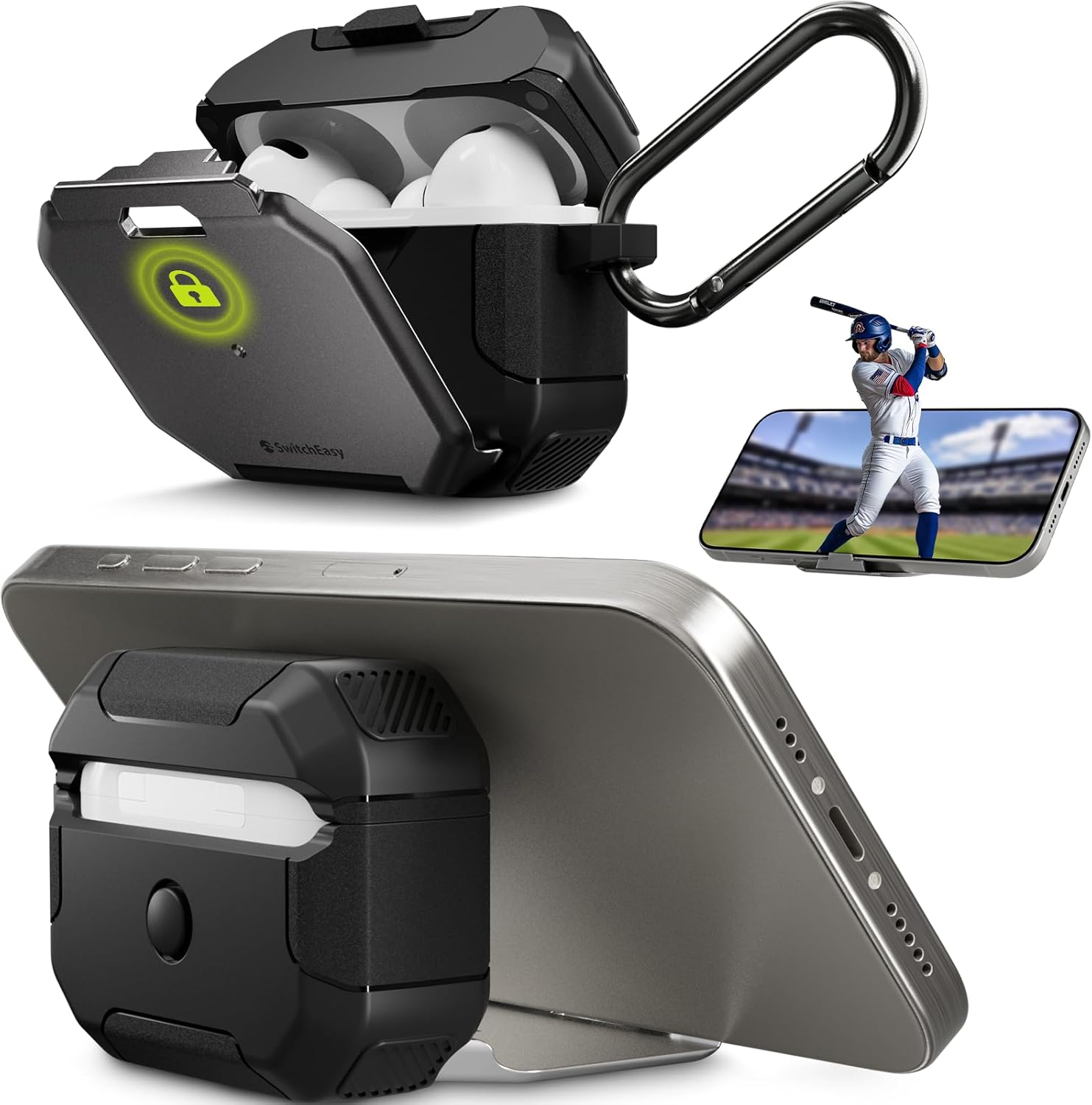 SwitchEasy Defender+ AirPods Pro Locking Case 2nd Generation & 1st Generation - Wireless Charging Case with Phone Stand, Shockproof Protection for Apple AirPods, AirPod Pro Case with Lock - Space Gray