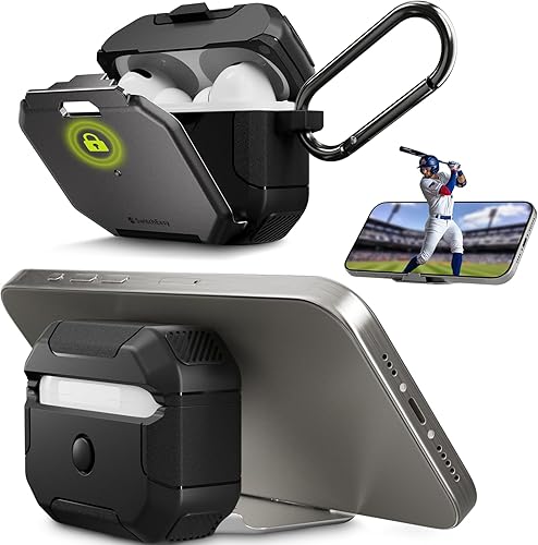SwitchEasy Defender+ AirPods Pro - Funda de bloqueo de 2 generación y 1 generación, funda de carga inalámbrica con soporte para teléfono, protección