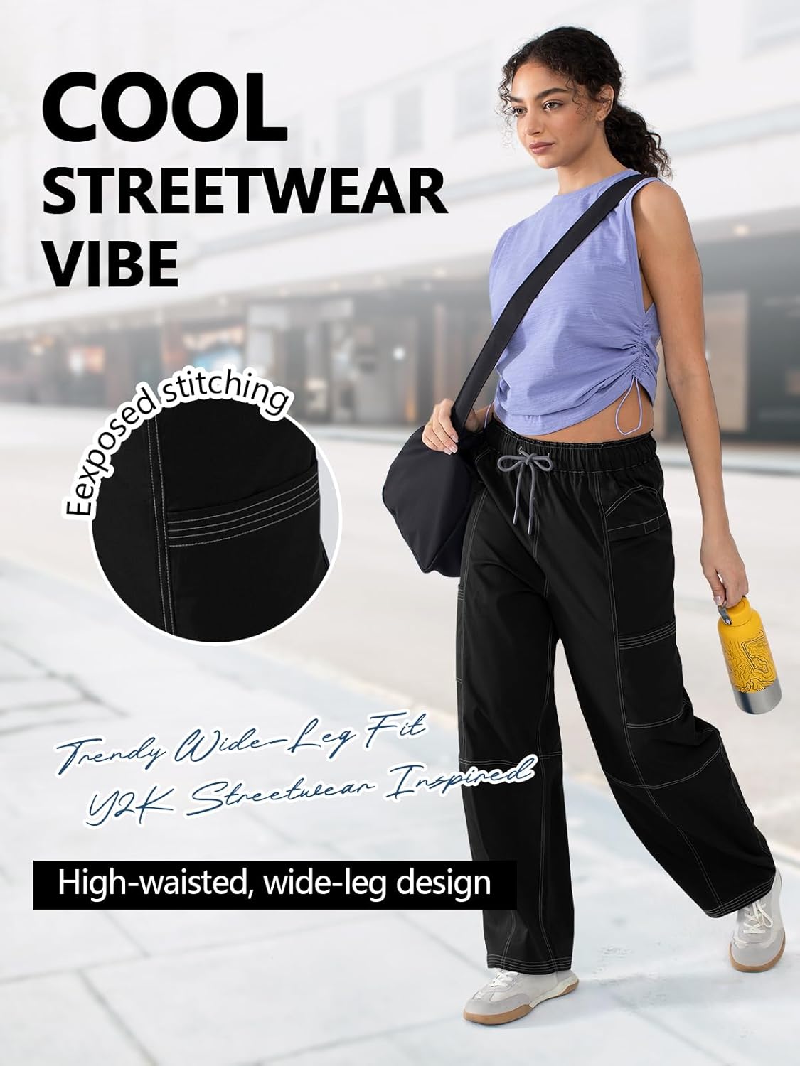 Women’s Hiking Cargo Pants – Lightweight Wide Leg Outdoor Pants with 5 Pockets, High Waisted Drawstring Streetwear - Image 4