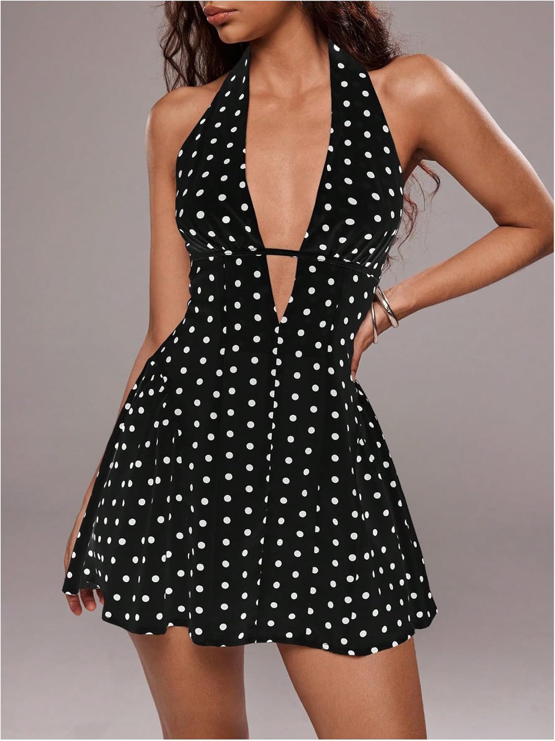 Floerns Women's Cute Vacation Vintage Polka Dots Deep V Neck Halter Dress Ruffle Backless Sleeveless A Line Mini Dresses - Image 2