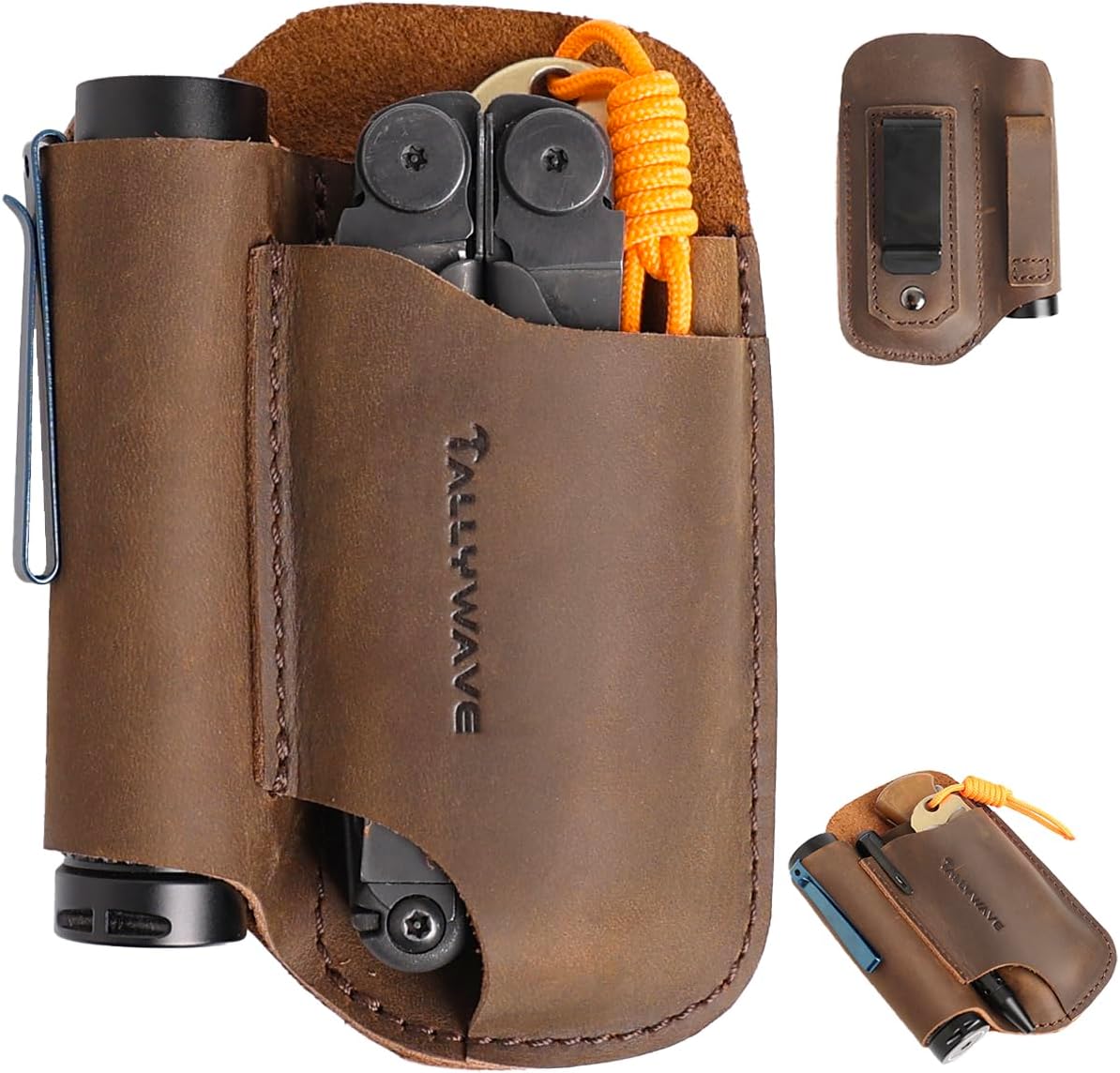 Tallywave Leather Knife Sheath for Belt Clip - Pocket Folding Knife Holder - EDC Belt Organizer fit Folding Tool, Flashlight, Pen - Leather Multitool Sheath EDC Belt Holster, Darkbrown