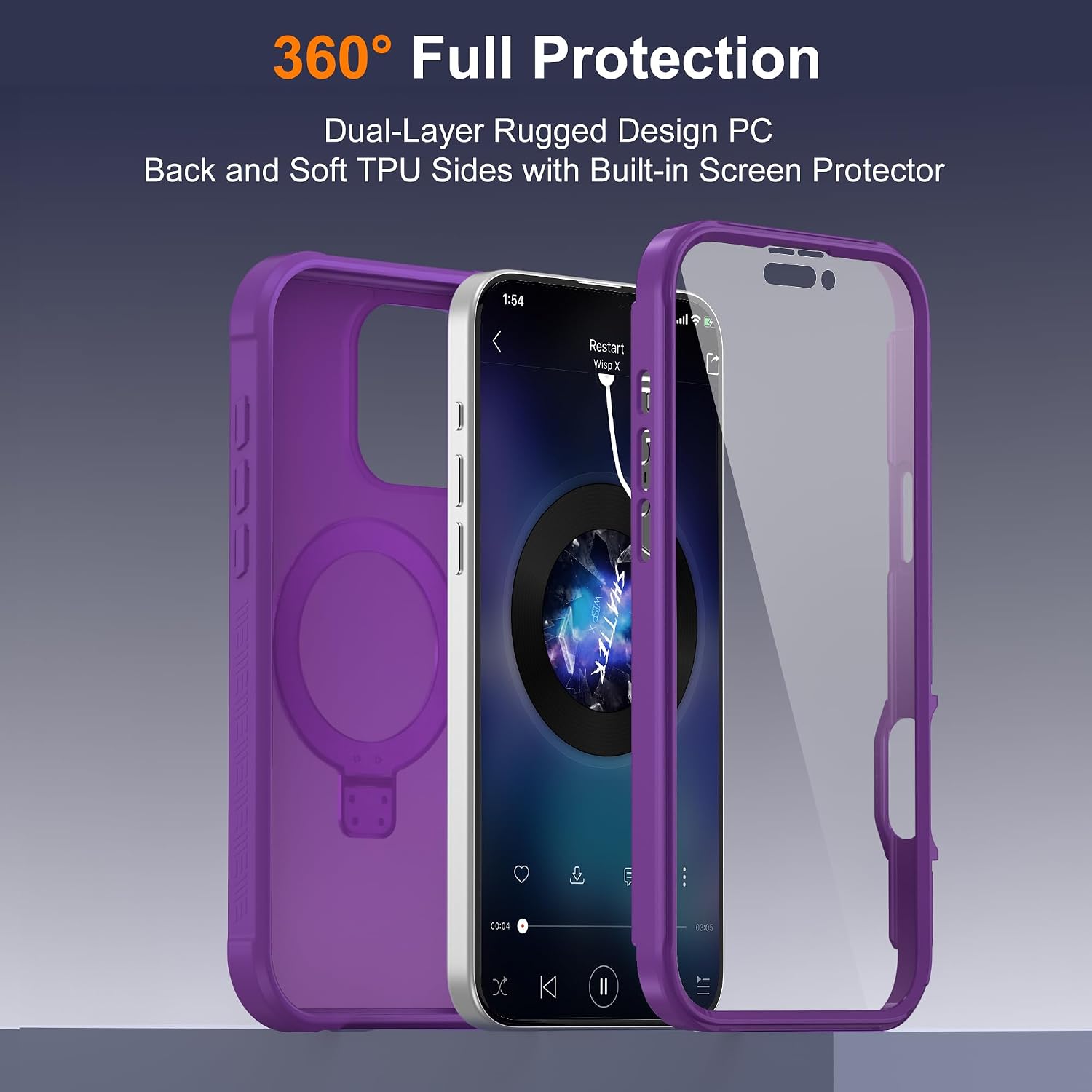 Condition photo showing New/Like New for compatible with iphone 16 pro max case with magnetic ring stand [compatible with mag-safe] [built-in screen protector] military-grade drop protection matte translucent phone case, dark purple dark purple iphone 16 pro max
