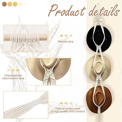 Miniatura 6 de Gute Perchas de macramé para sombreros, perchero bohemio para colgar en la pared, organizador de sombrero de mujer tejido negro y blanco para