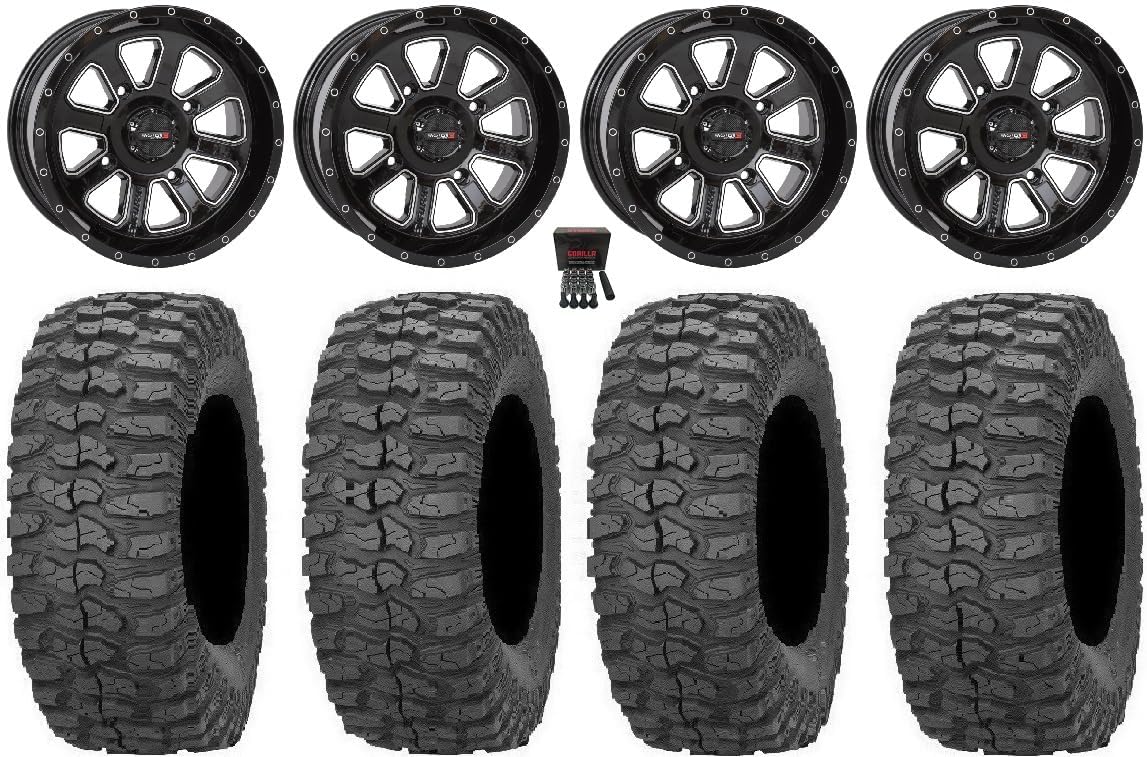 Bundle - 9 Items: System 3 ST-4 Black 14" Wheels 30" Rock-A-Billy Tires [4x110 Bolt Pattern 10mmx1.25 Lug Kit]