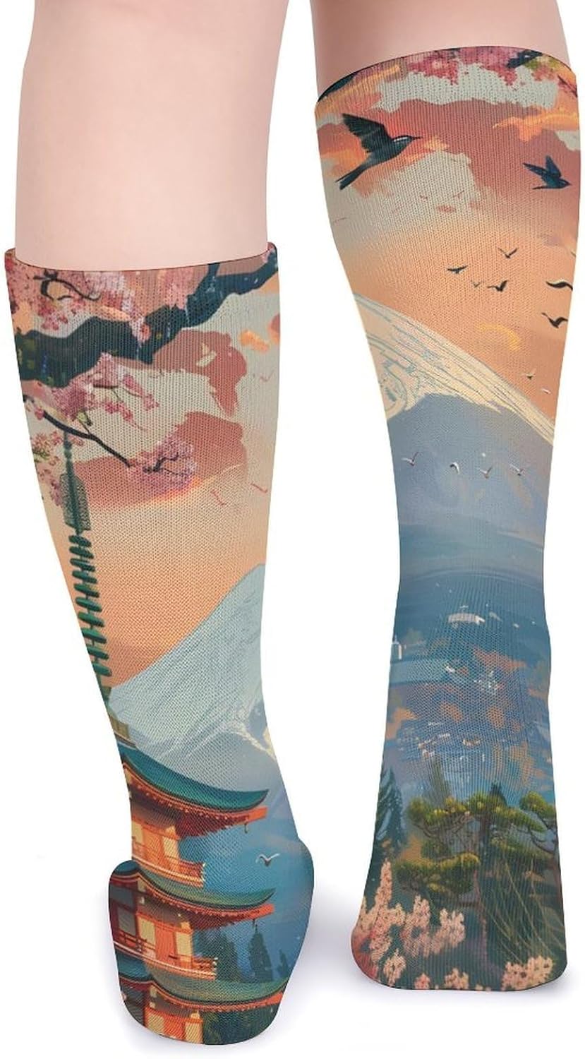 Japanese Temple on Mount Fuji Lake Cherryflower Knee High Socks Casual Long Stockings Over Calf Sock Tube for Women Men