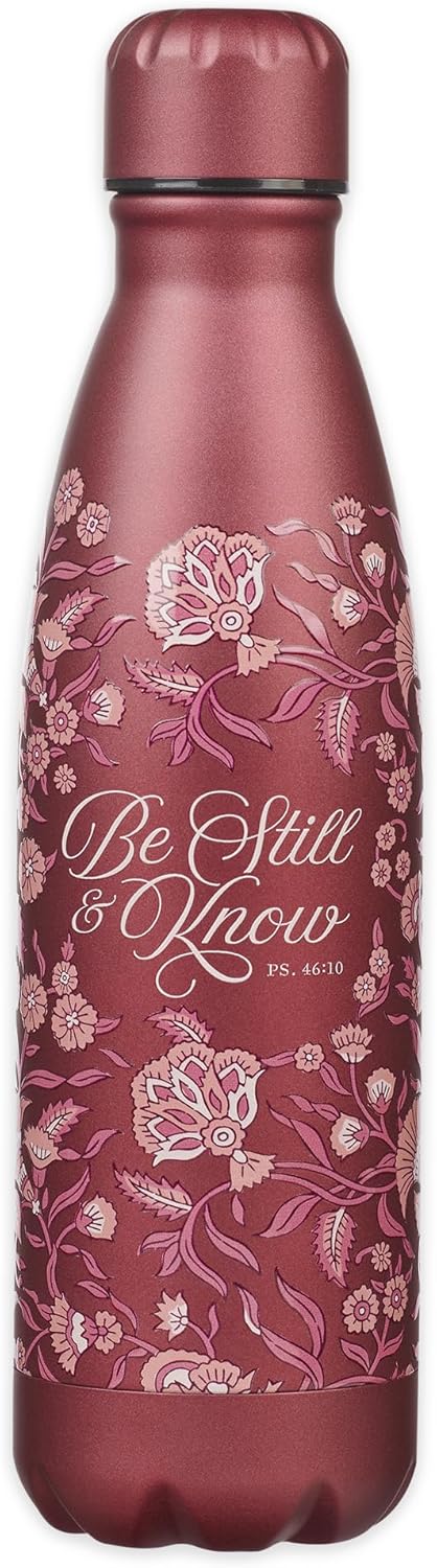 Christian Art Gifts Stainless Steel Double Wall Vacuum Insulated Women's Water Bottle: Be Still & Know Inspirational Scripture, All Day Hot/Cold, BPA-free, Leak/Spill-proof, Red Maroon Floral, 17 oz.