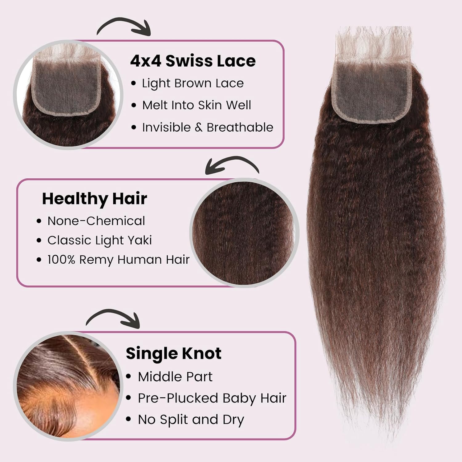 ALHER Chocolate Brown Yaki Straight 4x4 Lace Closure Only Human Hair,12A Color #4 Brown Light Kinky Straight 4x4 Closure Free Part Pre Plucked 100% Real Human Hair For Black Women 150% Dnesity 14 Inch