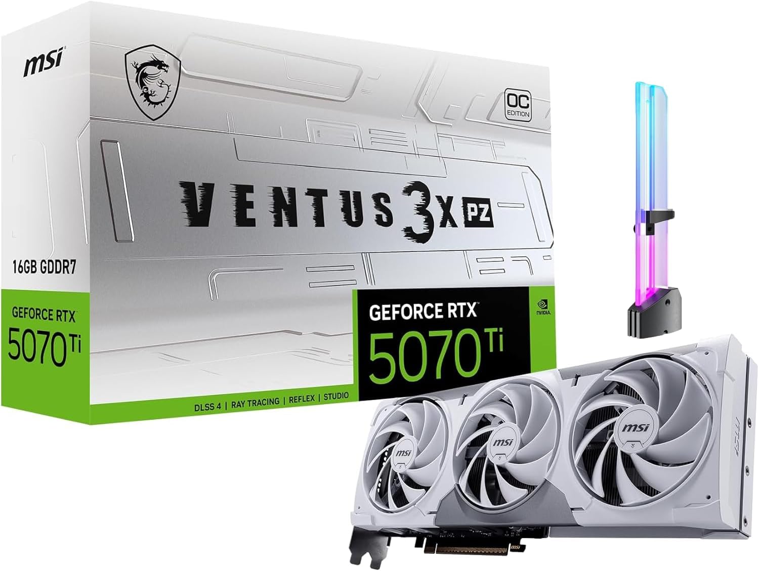 msi GeForce RTX 5070 Ti Ventus 3X PZ OC Triple Fan Graphics Card, 16GB GDDR7, 1406 AI Tops, DLSS 4, AI Content Creation, Local LLM Inference, PCIe 5.0, DP 2.1b x3, HDMI 2.1b, with GPU Holder
