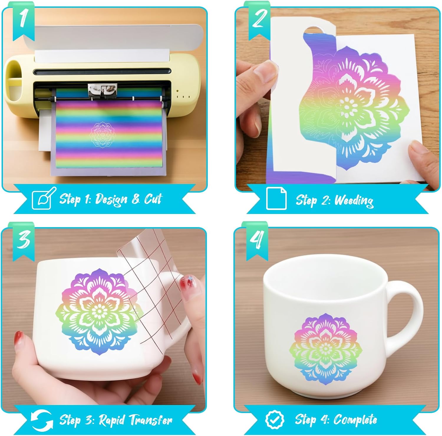 Rainbow Permanent Adhesive Vinyl Roll, 12" x 6FT Gradient Craft Vinyl for Home Decor, Tumblers, Mugs, Car Decals & DIY Crafts