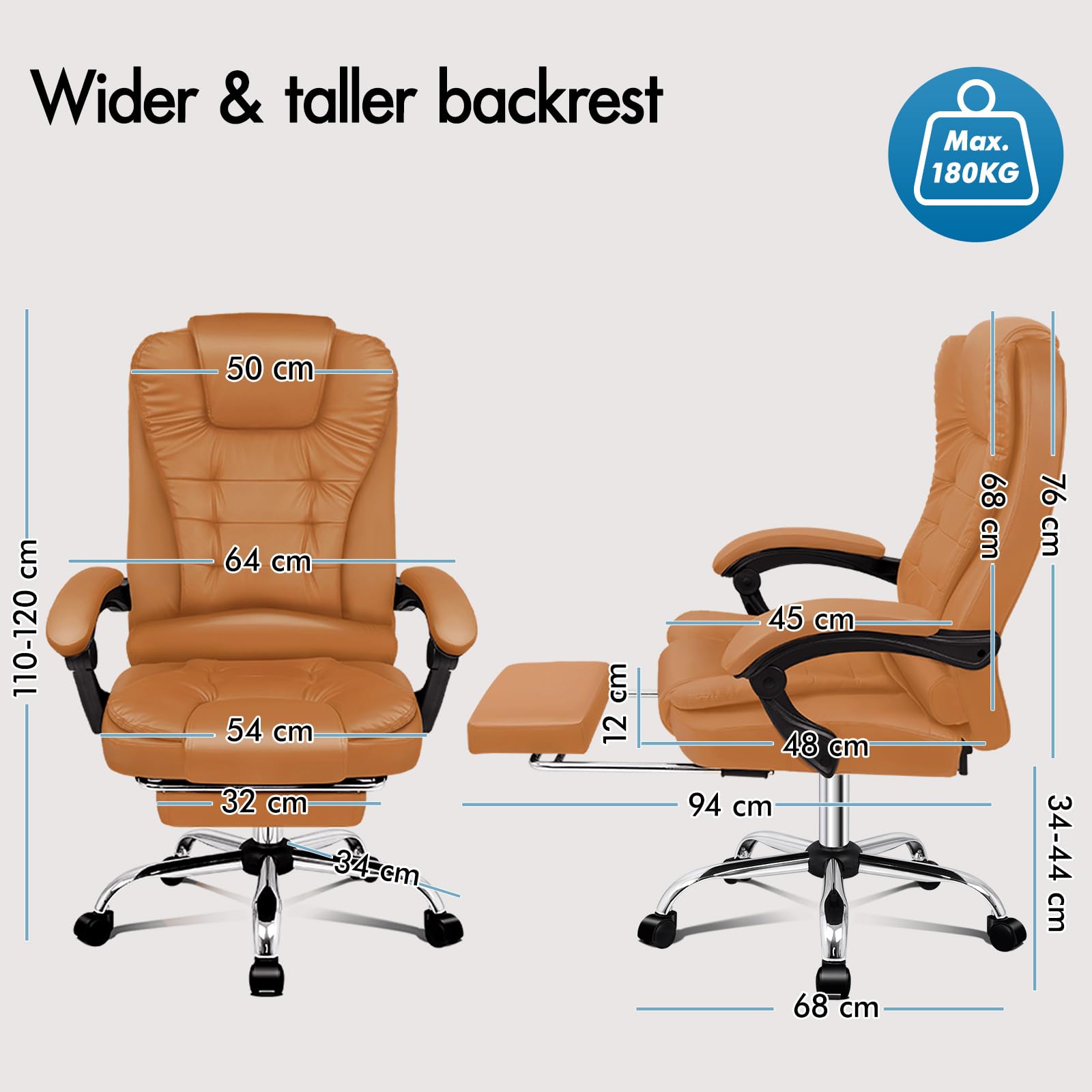 ALFORDSON Ergonomiczne krzesło biurowe, z funkcją masażu cieplnego, ze skóry PU, krzesło komputerowe z wyściełanymi podłokietnikami i miękkim zagłówkiem, krzesło obrotowe z kółkami, brązowe