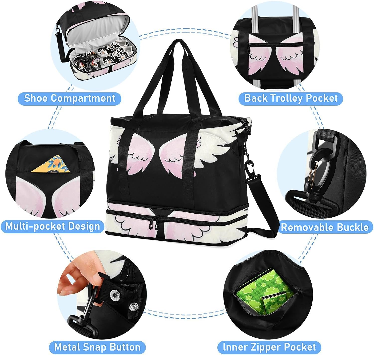 White Cute Wing Sports Gym Bag Carry On Tote Bag with Toiletry Bag for Sports 2 Pcs Set