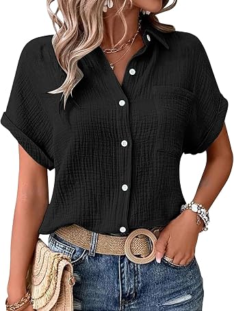 Nantdog Womens Gauze Shirts Summer Casual Loose Button Down Tops Short Sleeve Textured Collared Work Blouses Vacation Clothes