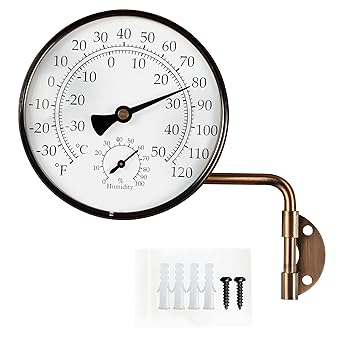 4-Inch Brass Analog Outdoor Thermometer & Humidity Gauge, Vintage Decor, Easy Install, Battery-Free, Window Readable for Patio Garden Garage Greenhouse