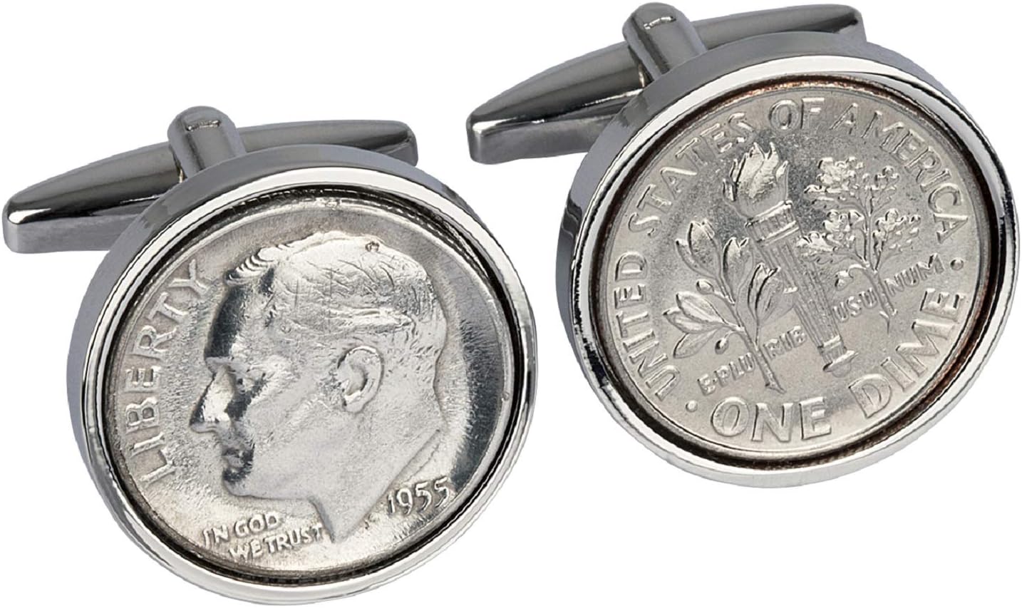 Cufflinks Rhodium Plated - 1955 Birthday for Men- 1955 Genuine 10 Cent Cufflinks