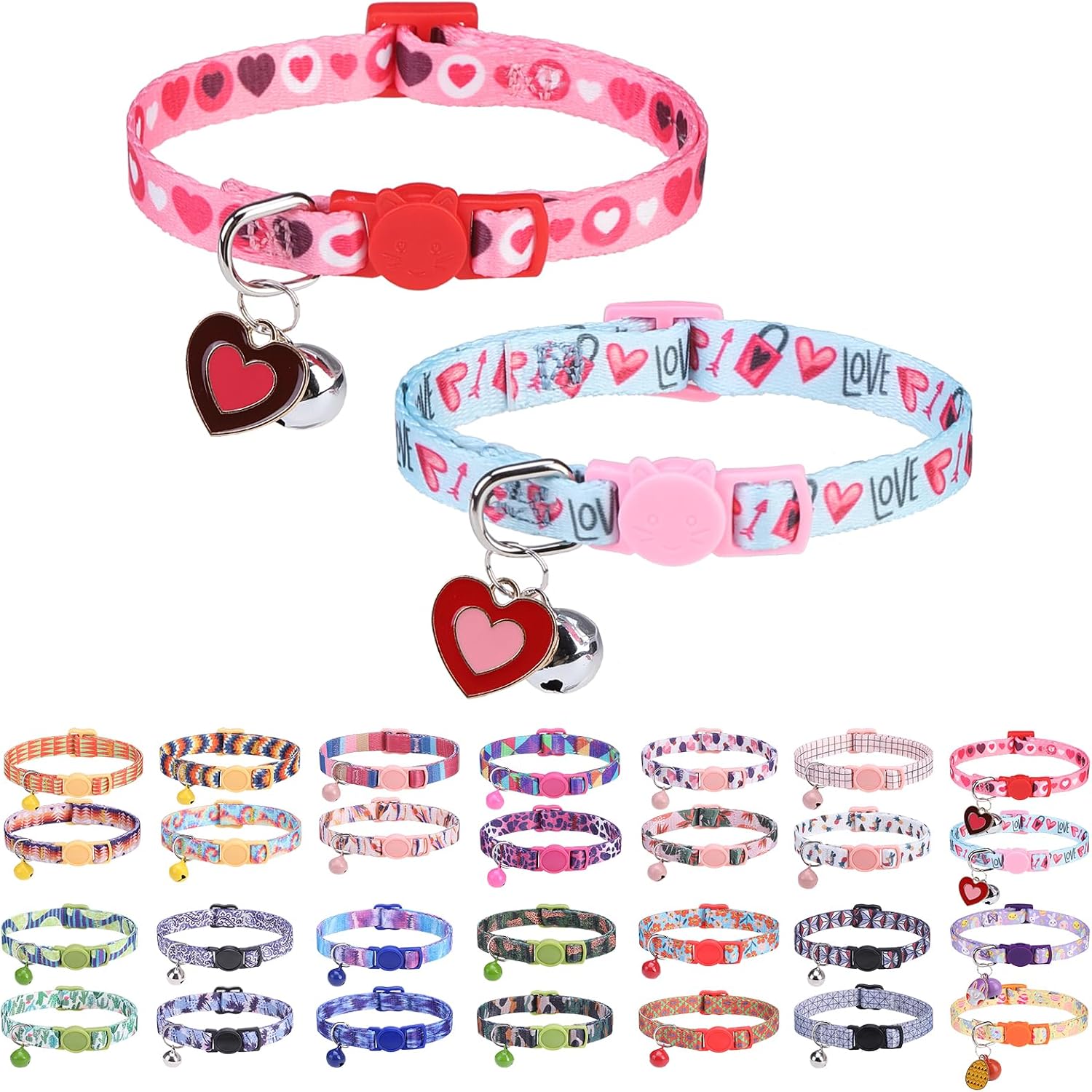 DILLYBUD Breakaway Cat Collars for Girl Boy Cats, Fall Winter All Weather Cat Collar Personalized Pattern 2 Pack,Cute Classic Safety Buckles and Bells,Adjustable Printed Nylon Colorful Kitten Collar