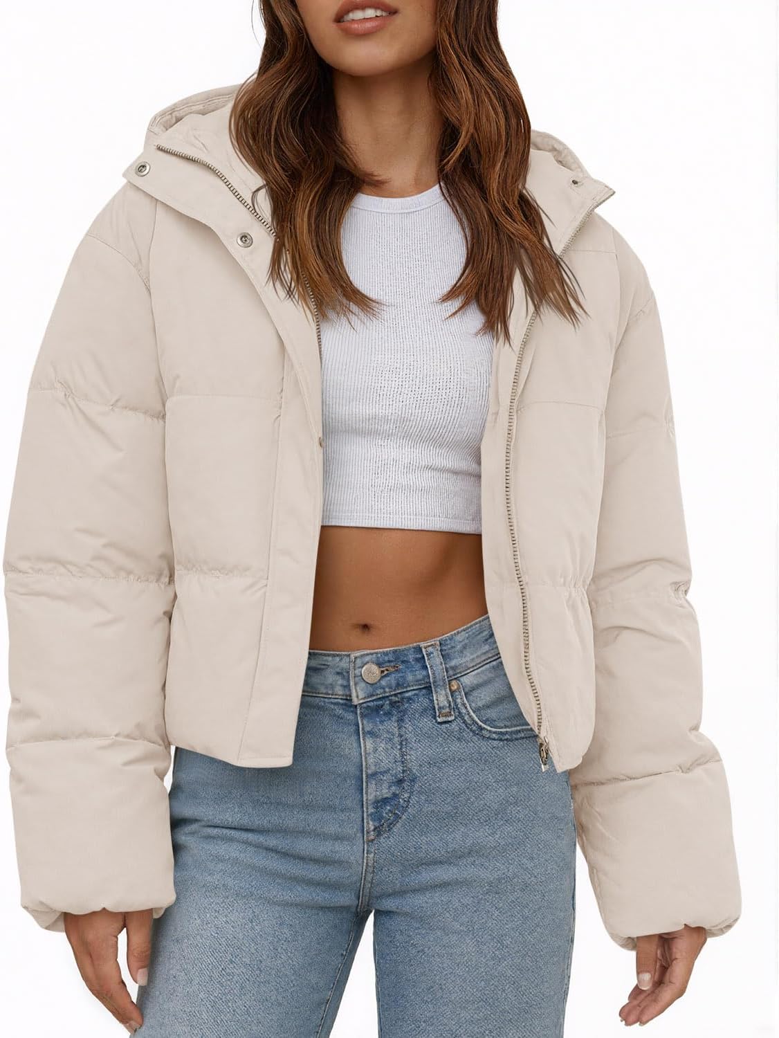 Tankaneo Women's Cropped Puffer Jacket Casual Winter Hoodie Baggy Short Down Coats with Pockets - Image 4