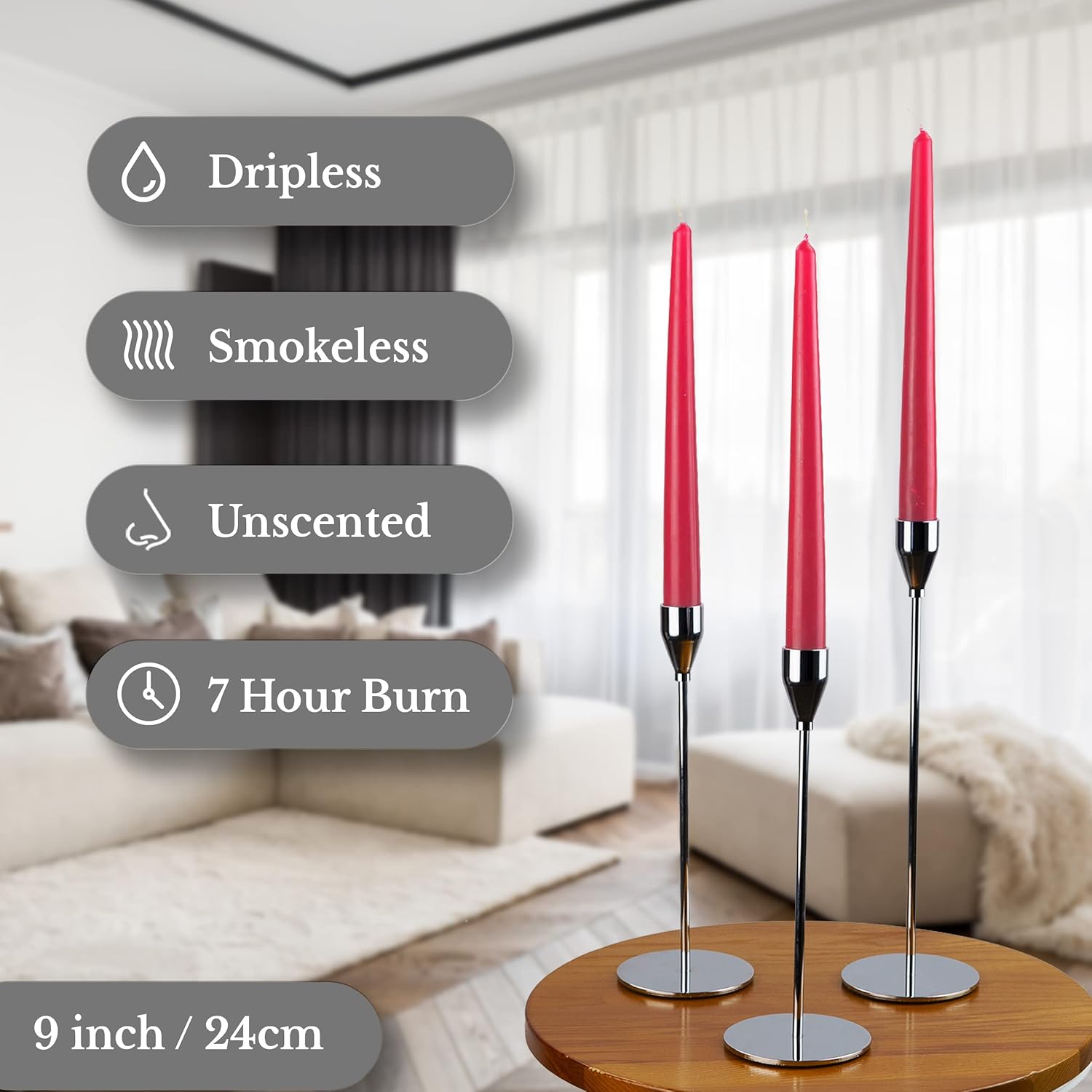 Deli Supplies Dinner Party Christmas Table Decor Bistro Candles Non Drip Tapered 9” 24cm Tall Taper Candle 7 Hour Burn Time Smokeless and Dripless Quality Wax (Red - Image 5