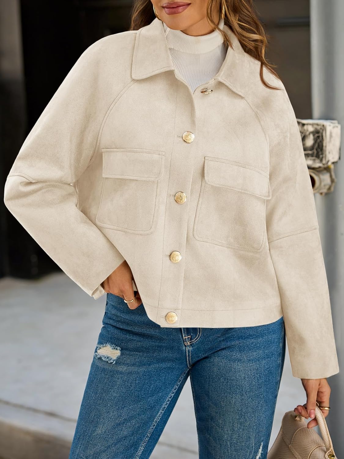 Cicy Bell Womens Faux Suede Leather Jackets Oversized Cropped Casual Lapel Collar Button Down Spring Vintage Shackets - Image 4